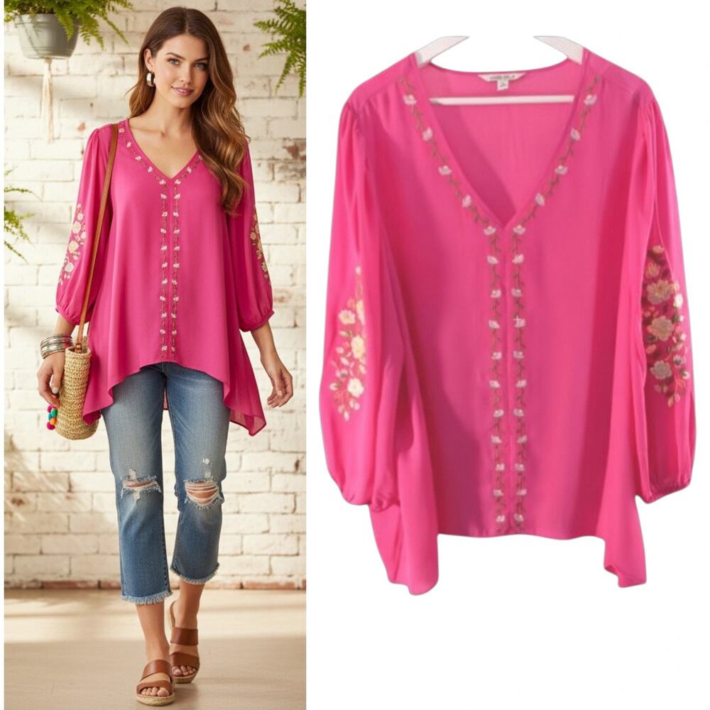 The Pioneer Woman Pink Embroidered Puff Sleeve Georgette Tunic Top Size 1X NWT